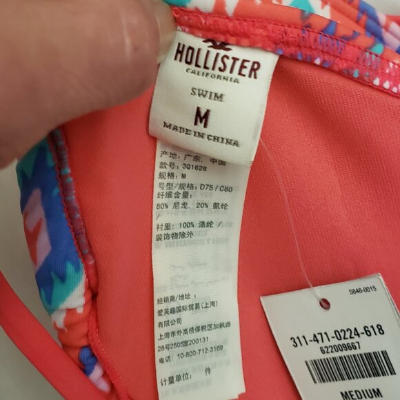 Coral Ganado Pink String Tie Triangle Bikini Top Hollister Removable Pads Sz M - Picture 7 of 8